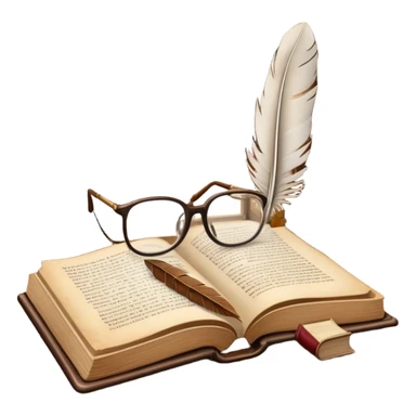 An icon featuring an open book with classic text, a feather quill, and reading glasses, symbolizing literary studies. The design includes old library shelves and vintage manuscripts in the background. Transparent background emphasizes the deep analysis of written works and literary history. sticker
