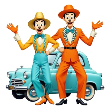 A vintage movie poster-style design with two goofy characters in outrageous outfits, showing exaggerated, silly expressions. Include elements like a goofy car, ridiculous props, and comical facial expressions. Retro comedic style with vibrant colors. Transparent background. sticker