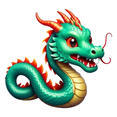 Cinematic Cute Chinese Serpent Dragon Portrait Emoji, Head tilted playfully and inquisitively, showcasing a slender, flowing body with vibrant jade scales and soft vermilion accents intertwined with whimsical wisps of cloud and water details; rendered with realistic finesse and warm natural light, high shine, charming and spirited, styled with a touch of mythic whimsy, soft glowing outline, capturing the essence of a mischievous yet endearing celestial dragon poised to weave magic into your dreams! sticker