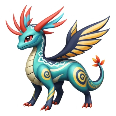 zig-zag-patterned tribal tropical hot swirl-marked Meloetta-Dialga-Salamence-Giratina-Noivern-Pokémon-Fakémon-fusion-hybrid-creature sticker