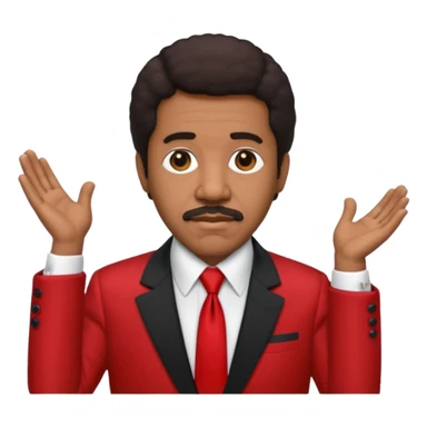 Richard Pryor with dark brown hair, red suit jacket, black suit shirt with red tie sticker