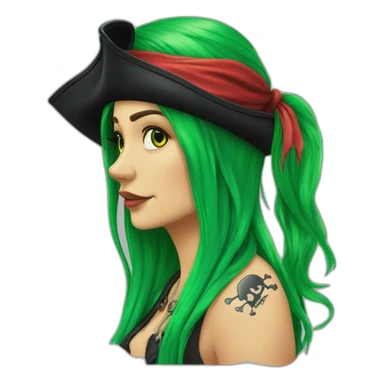 Woman long green hair hanging to one side in a platt, tattoo on side of head.  pirate hat. skull and crossbones t shirt sticker