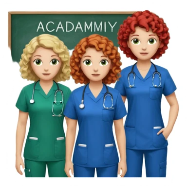 3 nurses: nurse 1 is wearing green work clothes, curly hair, middle european. nurse 2 is wearing blue work clothes, blond hair, scandinavic, nurse 3 is wearing white work clothes, red hair. they all stand in a classroom, "Academy" written in white on board sticker