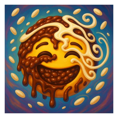 surreal emoji of champorado with dreamlike elements, melting chocolate rice porridge, floating rice grains, whimsical swirls of condensed milk, vibrant colors, playful and imaginative expression sticker