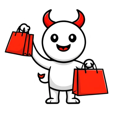 Devil character with shopping bags, excited about shopping sticker