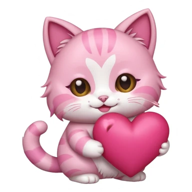 chibi anime pink cat smiling holding a big heart sticker