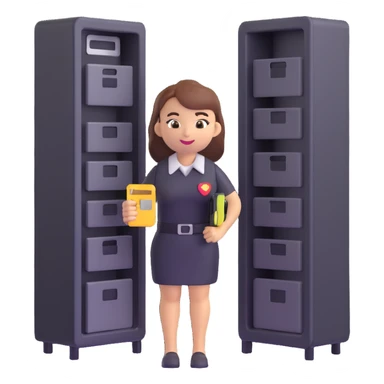 security engineer emoji, female, holding a keycard, standing by a server rack sticker