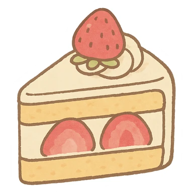 kawaii strawberry cake slice, soft pastel Japanese hand-drawn style, full object, transparent background, with a tiny strawberry on top sticker