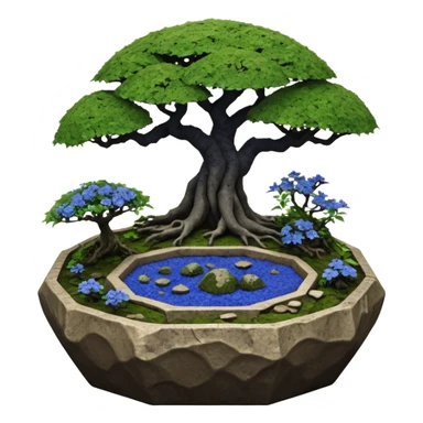 Alien saucer jungle-vines mountain-island landscape antique mudman very old broken cracked intricate Stone Age lapis-crusted irregular dodecagon-shaped shallow dark moss rough bark blue serissa flowered maple tree bonsai pot sticker