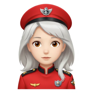a girl with white loose hair, gray eyes maintains a calm expression on her face in a red captain's uniform to the waist sticker
