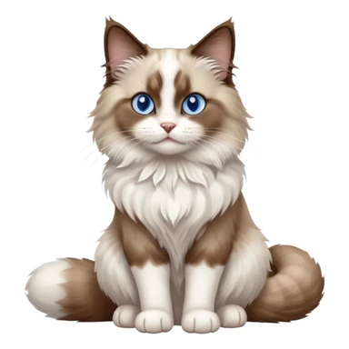 cinematic-[brown and white ragdoll cat]-realistic-full-body-sitting-emoji,-tail-curled-playfully-around-its-paws,-head-tilted-dramatically,-fluffy-[brown and white]-fur,-simplified-yet-realistic-focused-features,-highly-detailed,-glowing-with-an-almost-sarcastic-glow, with blue eyes sticker