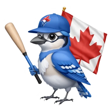 bluejay standing with baseball bat, wearing toronto blue jays baseball hat, holding Canada Flag 
 sticker
