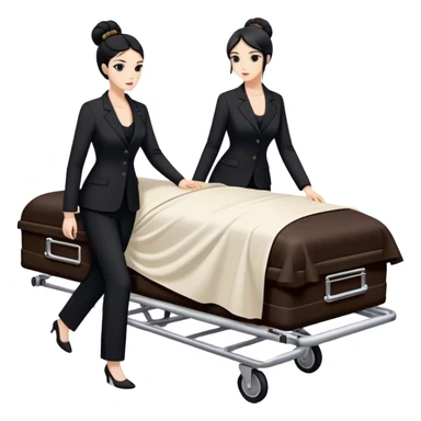 Two woman in black pants suits. One has black hair in a bun and one has brown long hair. They are pushing a stretcher with a dead body on it covers in sheets in to a black funeral Mercedes Vito car  sticker