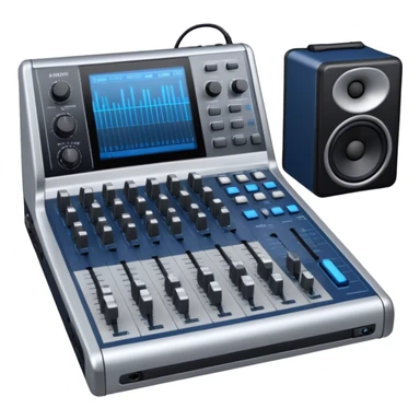 Create a professional and technical emoji that represents sound engineering. The design should feature a sound mixing console with faders, a pair of studio headphones, and audio waveforms to symbolize the precision and technicality of sound mixing and mastering. Include elements like a microphone or audio cables to reflect the recording aspect. Use colors like silver, black, and dark blue to represent the technical, yet artistic side of sound engineering. The background should be transparent. sticker