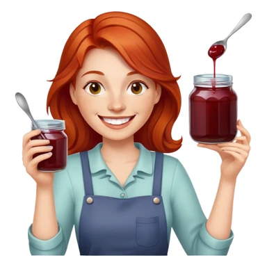 redhead woman with big smile holding a glass jar with jam in one hand and a little spoon with jam in other hand sticker
