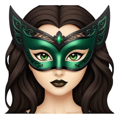 Greeneyed Woman with Long Dark brown hair wearing Black venetian mask sticker