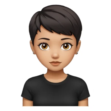 A girl with black short pixie haircut cut, dark brown eyes that almost look like black, caramel tone skin colour. Wearing a black t-shirt.  sticker