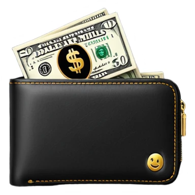 Rich emoji style black leather wallet with dollar bills, luxury money vibe, premium 3D emoji, ultra clean, high detail, no background sticker