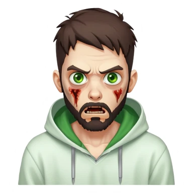 zombie with shocked expression, undercut hairstyle with dark brown hair, short full beard, intense green eyes, wearing plain white hoodie sticker