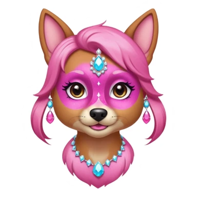glamorous dog portrait, head and shoulders only, exaggerated pink makeup, bright eyeshadow, long eyelashes, shiny blush cheeks, sparkling face gems, glitter accents, elegant earrings, fantasy beauty style, cute 3D cartoon, mobile game icon style, clean background, no text, no watermark
 sticker