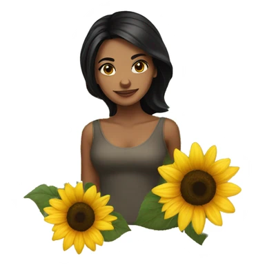 Beautiful lady with black hair and brown eyed , holding sunflower sticker