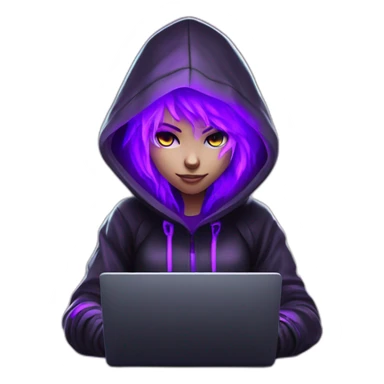 Girl developer behind his laptop with this style : Crytek Crysis Video game neon glowing bright purple character purlple black hooded hacker themed character sticker