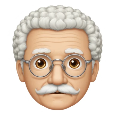 An elderly man emoji with light skin, fluffy curly white hair, thick white eyebrows, brown eyes behind black-framed glasses, a small nose, and neatly groomed white facial hair — a mustache and a short goatee. sticker