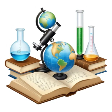 Icon for Scientific and Educational Reading: an open book with mathematical formulas, a microscope, a test tube, and a globe. The icon should represent the curiosity and knowledge found in scientific and academic books. Transparent background. sticker
