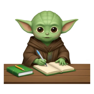 Baby Yoda con su tunica chocolate escribiendo en un cuaderno sobre un escritorio sticker