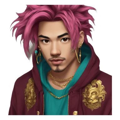 Vintage grunge patina intricate swirls gold jewellery baroque golden sparkle tropical Deep pink maroon burgundy cyan dark hoodie man dyed hair gold piercings nose piercing ear piercings sticker