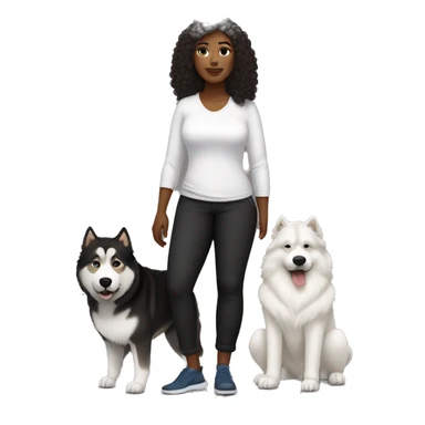 a white woman. is wearing black loose trousers and a white shirt. She is a cute, curvy woman with brown curls at shoulder length.    next to her is an Alaskan malamute dog. the dog is black with a white spot on his face. sticker