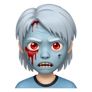 Create a 3D emoji-style avatar with very pale blue-grey zombie skin like the reference image, a young Asian face, and large eyes with blood tears. Give it white mullet-style hair, silver hoop earrings, and a plain black T-shirt. The face expression should be slightly angry, wwhite vampire teeth sticker