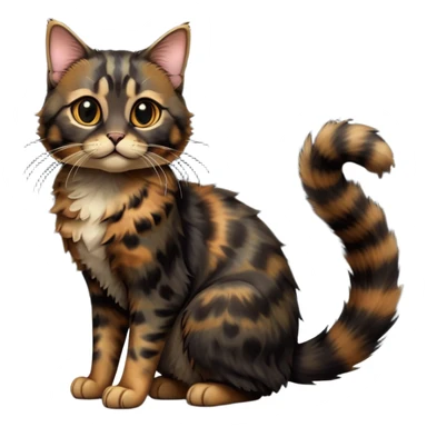 cinematic-[tortoiseshell tabby cat]-realistic-full-body-sitting-emoji,-tail-curled-playfully-around-its-paws,-head-tilted-dramatically,-scruffy-[dark black tortoiseshell coloured]-fur,-simplified-yet-realistic-focused-features,-highly-detailed,-glowing-with-an-almost-sarcastic-glow sticker