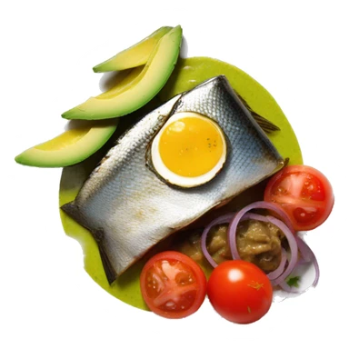 Canned sardines (more than three visible sardines) with avocado, red onions and tomato breakfast entree on plate sticker