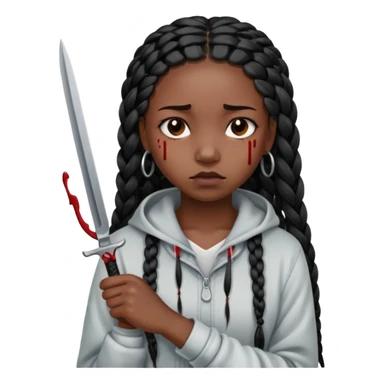 black girl with long black box braids cutting her wrists with a small blade and bleeding from it, her expression peaceful but sad sticker