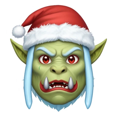 Fantasy orc emoji portrait, Santa Claus hat stretched around tusks, tusks covered with ice and crimson frost cracks, cold predator expression, winter hunt atmosphere, minimal clean emoji design, female variant
 sticker