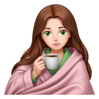 woman with very long brown hair and green eyes in a light pink blanket sleepy with coffee sticker