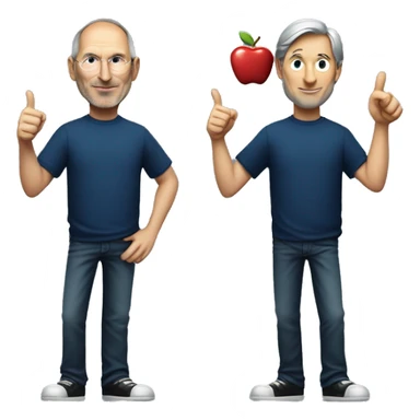 Steve Jobs, wearing a dark blue t-shirt, with his hand raised giving a thumbs up, Steve Jobs with rich details, identical, on the dark blue t-shirt an apple symbol, great quality, emoji grabbing from the torso up sticker