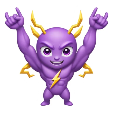 cute purple bug with confident narrowed eyes, strong flexing muscular arms, a fun happy smiling expression, and electric lightning bolt arms sticker