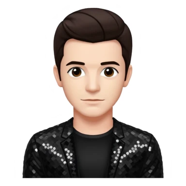 Drake Bell with dark brown hair, black sequin outfit sticker