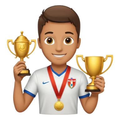 happy soccer player with a first-place medal and a trophy sticker
