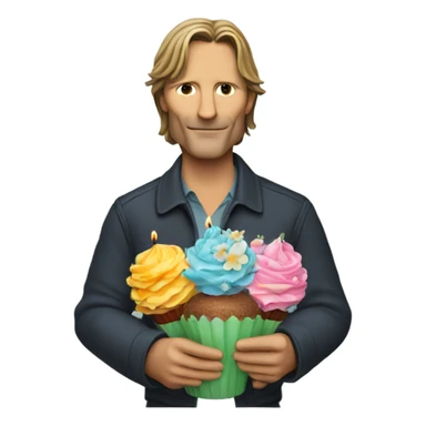 Viggo Mortenson holding a bunch of flowers and a cupcake with a birthday candle in it sticker