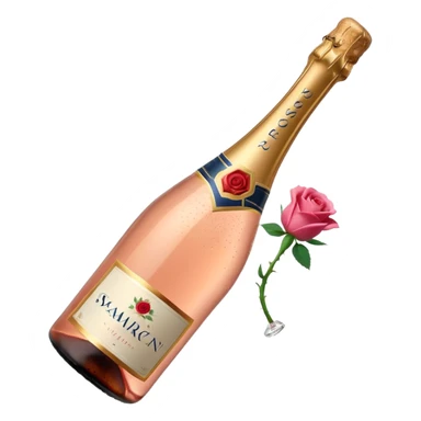 bottle of sparkling rosé champagne with a rose logo on the label, with the cork popping out from the top, tilted up and to the left, no glass sticker