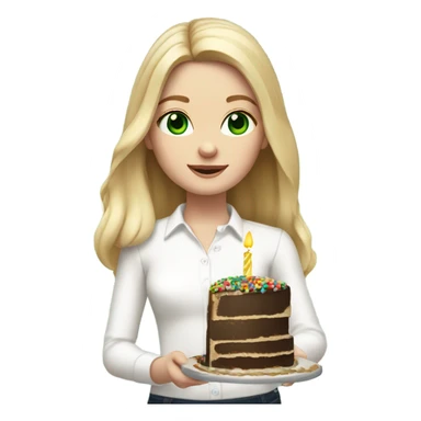 White girl with blonde straight hair, dark green eyes, white shirt, birthday cake in hands sticker
