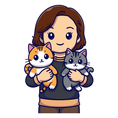 tan brown-haired girl holding two cats, one black cat and one grey-striped cat sticker