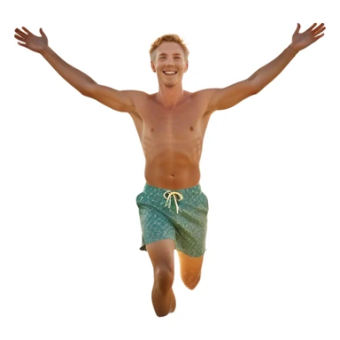 A white man running into the ocean with arms wide open, embracing the waves and the moment. The sun shines warmly, and the water sparkles, symbolizing the joy of creating fun and appreciating life’s simple moments. Their footprints in the sand fade as they fully immerse themselves in the present. sticker