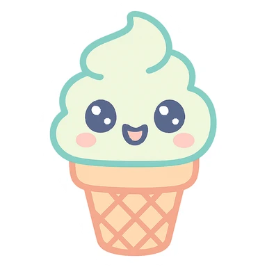 vanilla ice cream cone Marvi style, kawaii style, cute face, big eyes, happy expression, soft colors, simple or transparent background sticker