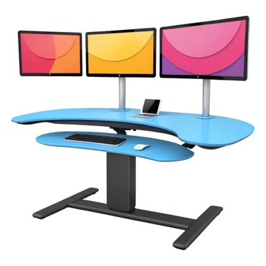 A height-adjustable office desk with a visible central lifting mechanism and a large flat monitor placed on top. The desk should look modern and minimal, symbolizing an ergonomic workstation. Rounded shapes, flat bright colors, consistent with standard emoji design. sticker