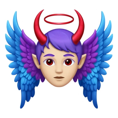 The letter o in black, purple Angel wings, red devil horns, and blue halo on top sticker