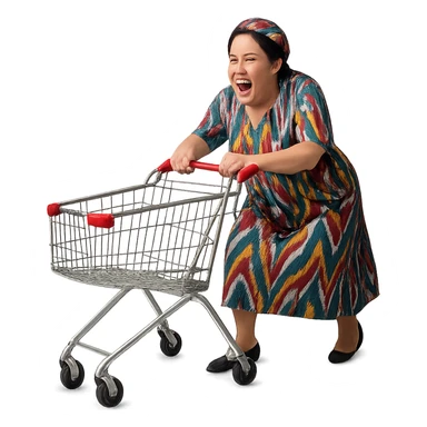 hysterical Uzbek woman with a shopping cart sticker